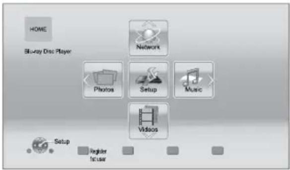 graph TD A["HOME"] --> B["Blu-ray Disc Player"] B --> C["Network"] C --> D["Photos"] C --> E["Setup"] C --> F["Music"] C --> G["Videos"] G --> H["Setup"] H --> I["Register Focus User"]