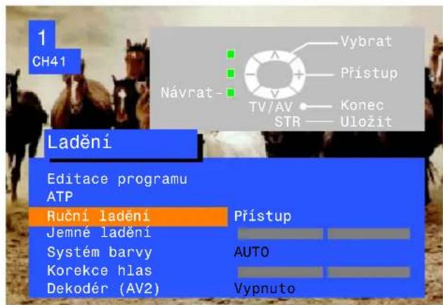 1 CH41 Návrat- Vybrat Přístup TV/AV Konec STR Uložit Ladění Editace programu ATP Ruční ladění Přístup Jemné ladění Systém barvy AUTO Korekce hlas Dekodér (AV2) Vypnuto
