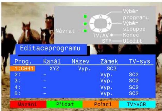Editaceprogramu Prog. Kanál Název Zámek TV-sys 1:CH41 XYZ Vyp. SC2 2: - Vyp. SC2 3: - Vyp. SC2 4: - Vyp. SC2 5: - Vyp. SC2 Mazání Přidat Pořadí TV>VCR