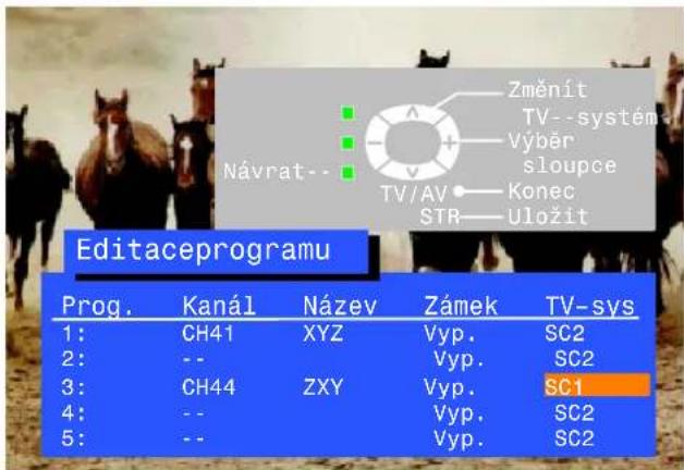 Návrat-- Změnít TV--system Výběr sloupce Konec STR-Uložit Editaceprogramu Prog. Kanál Název Zámek TV-sys 1: CH41 XYZ Vyp. SC2 2: -- 3: CH44 ZXY Vyp. SC2 4: -- 5: -- Vyp. SC1 Vyp. SC2 Vyp. SC2