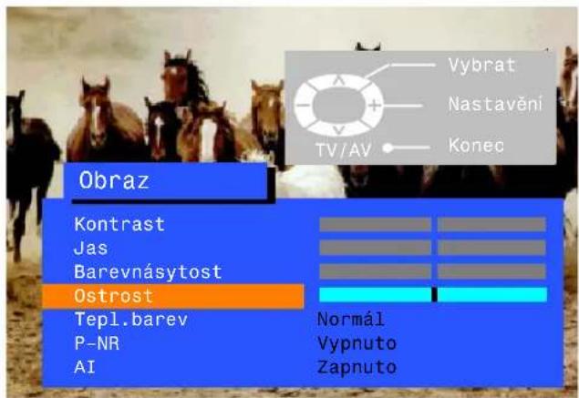 Obraz Kontrast Jas Barevnásytost Ostrost Tepl.barev P-NR AI Vybrat Nastavění Konec TV/AV