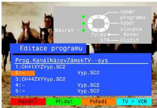 Návrat - Výběr programu Výběr sloupce Konec STR Uložit Editace programu Prog.KanálNázevZámekTV--sys 1:CH41XYZVyp.SC2 2:- Vyp.SC2 3:CH44ZXYVyp.SC2 4:- Vyp.SC2 5:- Vyp.SC2 Mazání Přidat Pořadí TV > VCR