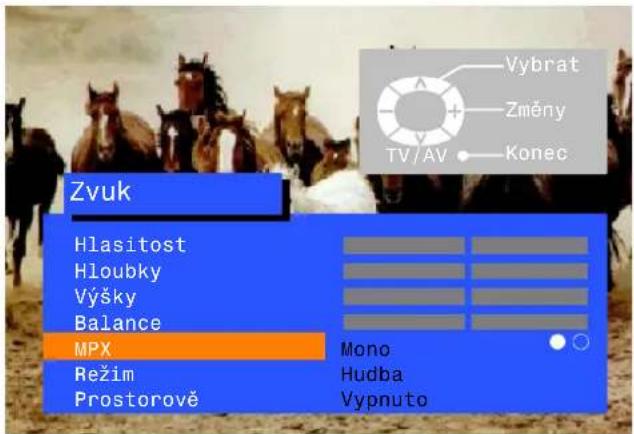 Zvuk Hlasitost Hloubky Výšky Balance MPX Režim Prostorově Mono Hudba Vypnuto Vybrat Změny TV/AV Konec