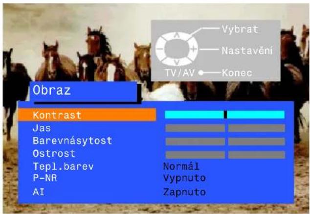 Obraz Kontrast Jas Barevnásytost Ostrost Tepl.barev P-NR AI Vybrat Nastavění TV/AV Konec Normál Vypnuto Zapnuto
