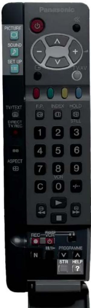 Panasonic PICTURE SOUND SET UP TV/TEXT DIRECT TV REC ASPECT E.P. INDEX HOLD STILL 1 2 3 4 5 6 7 8 9 VCR C 0 - REC-VCR N PROGRAMME STR HELP ?