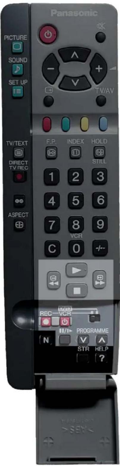 Panasonic PICTURE SOUND SET UP TV/AV TV/TEXT DIRECT TV REC ASPECT F.P. INDEX HOLD 1 2 3 4 5 6 7 8 9 VCR C 0 REC-VCR N PROGRAMME STR HELP ?