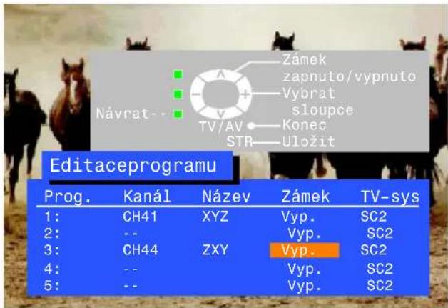 Návrat-- Zámek zapnuto/vypnuto Vybrat sloupce Konec STR Uložit Editaceprogramu Prog. Kanál Název Zámek TV-sys 1: CH41 XYZ Vyp. SC2 2: -- Vyp. SC2 3: CH44 ZXY Vyp. SC2 4: -- Vyp. SC2 5: -- Vyp. SC2