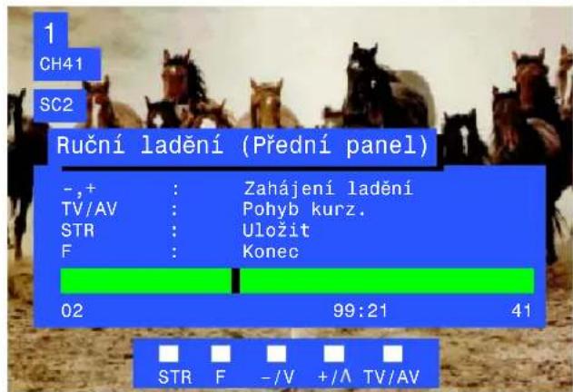 1 CH41 SC2 Ruční ladění (Přední panel) -,+ : Zahájení ladění TV/AV : Pohyb kurz. STR : Uložit F : Konec 02 99:21 41 STR F -/V +/- TV/AV