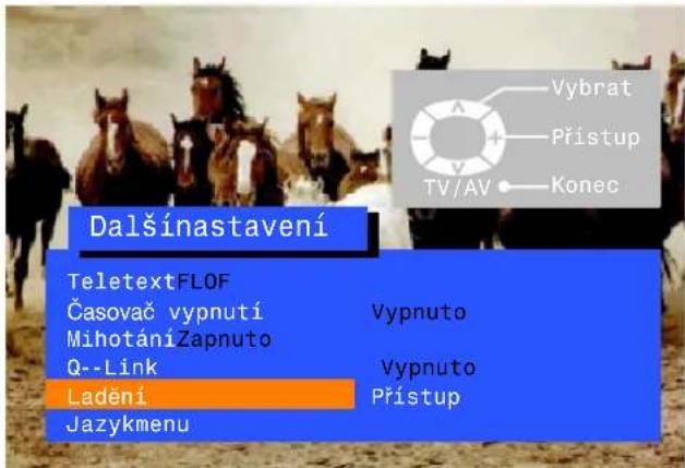 Dalšinastavení TeletextFLOF Časovač vypnutí MihotániZapnuto Q--Link Ladění Jazykmenu Vybrat Přístup TV/AV Konec Vypnuto Vypnuto Přístup