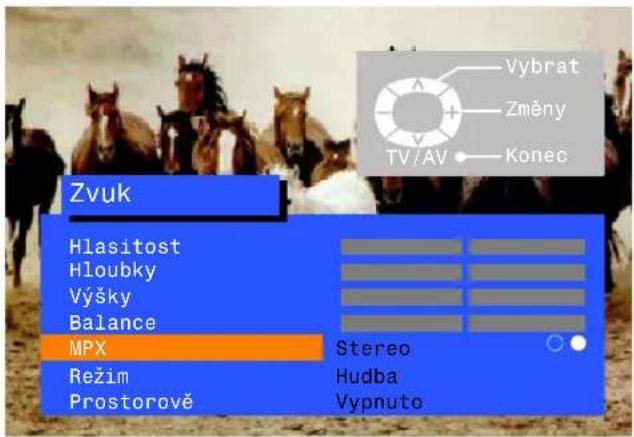 Zvuk Hlasitost Hloubky Výšky Balance MPX Režim Prostorově Stereo Hudba Vypnuto Vybrat Změny TV/AV Konec
