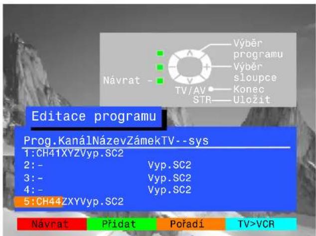 Návrat - Výběr programu Výběr sloupce Konec STR- Uložit Editace programu Prog.KanálNázevZámekTV--sys 1:CH41XYZVyp.SC2 2:- Vyp.SC2 3:- Vyp.SC2 4:- Vyp.SC2 5:CH44ZXYVyp.SC2 Návrat Přidat Pořadí TV>VCR