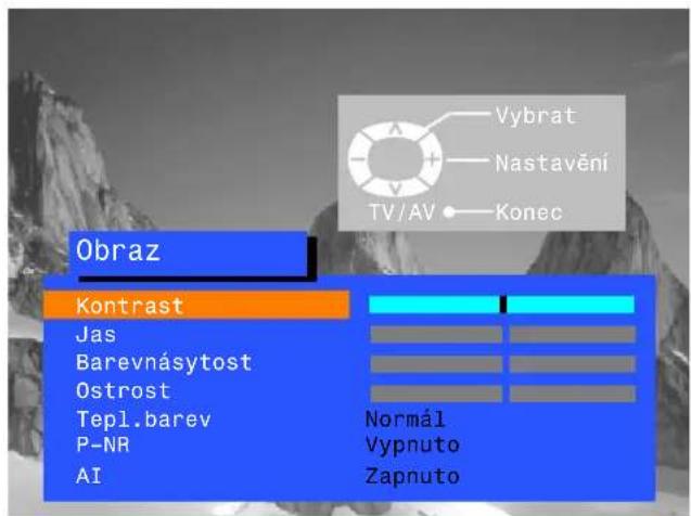 Obraz Kontrast Jas Barevnásytost Ostrost Tepl.barev P-NR AI Vybrat Nastavění TV/AV Konec Normál Vypnuto Zapnuto