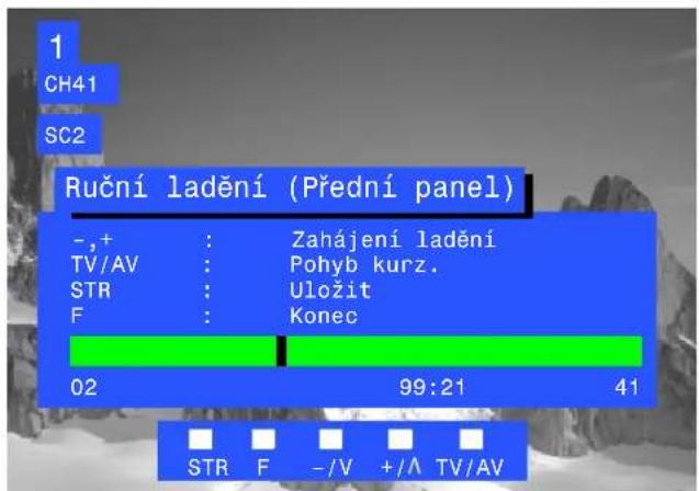 1 CH41 SC2 Ruční ladění (Přední panel) -,+ : Zahájení ladění TV/AV : Pohyb kurz. STR : Uložit F : Konec 02 99:21 41 STR F -/V +/A TV/AV