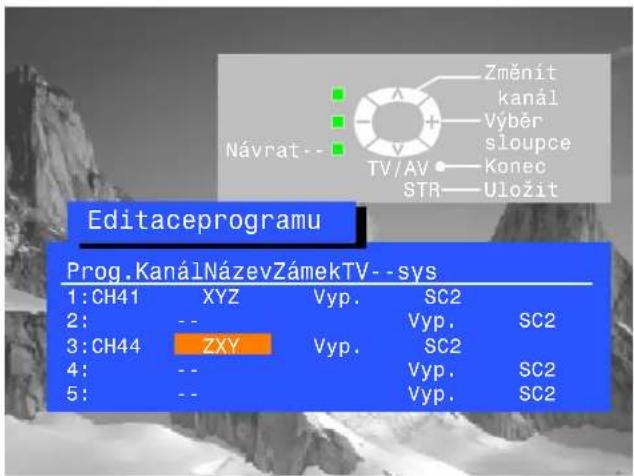 Editaceprogramu Prog.KanálNázevZámekTV--sys 1:CH41 XYZ Vyp. SC2 2: -- Vyp. SC2 3:CH44 ZXY Vyp. SC2 4: -- Vyp. SC2 5: -- Vyp. SC2