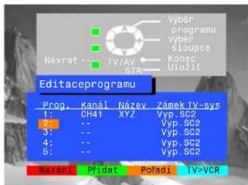 Návrat -- TV/AV STR Editaceprogramu Prog. Kanál Název Zámek TV-sys 1: CH41 XF2 Vyp.SC2 2: -- Vyp.SC2 3: -- Vyp.SC2 4: -- Vyp.SC2 5: -- Vyp.SC2 Mazani Pridat Poladi TV-VCA
