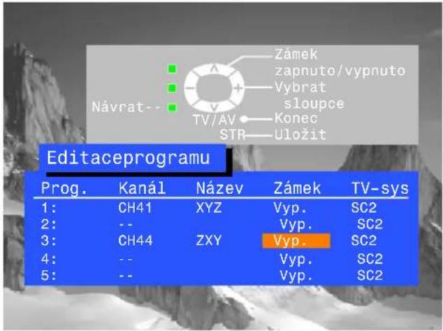 Návrat-- Zámek zapnuto/vypnuto Vybrat sloupce Konec STR-Uložit Editaceprogramu Prog. Kanál Název Zámek TV-sys 1: CH41 XYZ Vyp. SC2 2: -- Vyp. SC2 3: CH44 ZXY Vyp. SC2 4: -- Vyp. SC2 5: -- Vyp. SC2