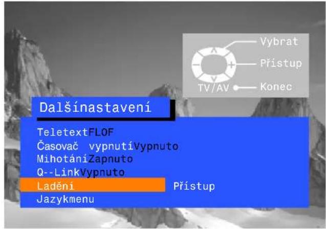 Dalšínastavení TeletextFLOF Časovač vypnutíVypnuto MihotáníZapnuto Q--LinkVypnuto Ladění Přístup Jazykmenu