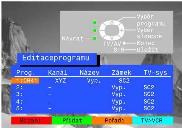 Editaceprogramu Prog. Kanál Název Zámek TV-sys 1:CH41 XYZ Vyp. SC2 2: - Vyp. SC2 3: - Vyp. SC2 4: - Vyp. SC2 5: - Vyp. SC2 Mazání Přidat Pořadí TV>VCR