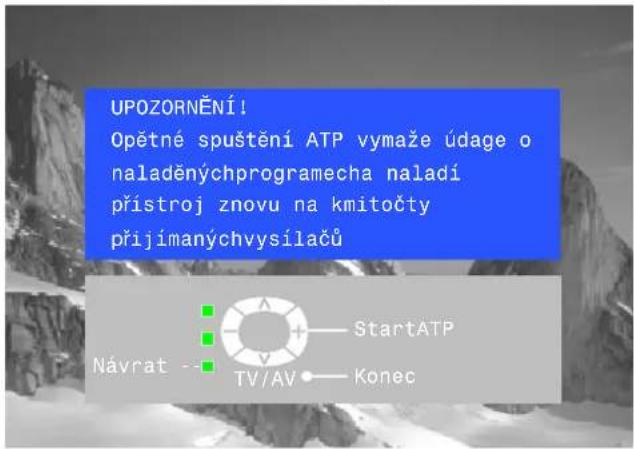 UPOZORNĚNÍ! Opétné spuštění ATP vymaže údage o naladěnýchprogramecha naladí přístroj znovu na kmitočty přijímanýchvysílačů