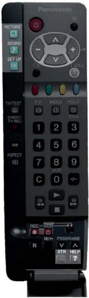 Panasonic PICTURE SOUND SET UP TV/TEXT DIRECT TV REC ASPECT F.P. INDEX HOLD 1 2 3 4 5 6 7 8 9 VCR C 0 -/- REC-VCR PROGRAMME N V A STR HELP ?