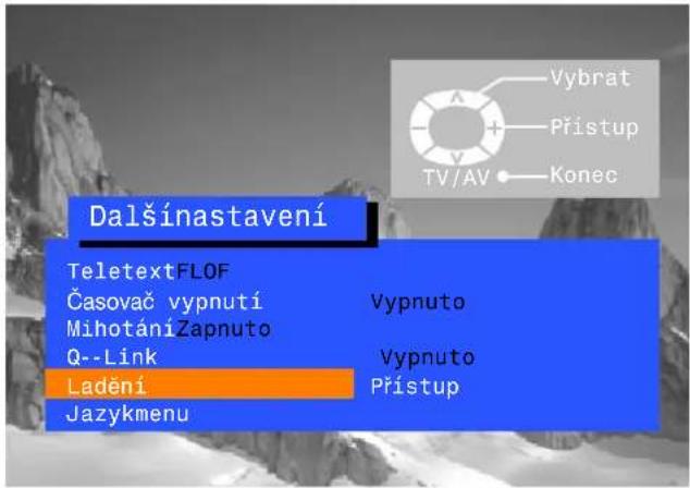 Dalšínastavení TeletextFLOF Časovač vypnutí MihotáníZapnuto Q--Link Ladění Jazykmenu Vypnuto Vypnuto Přístup Vybrat Přístup TV/AV Konec