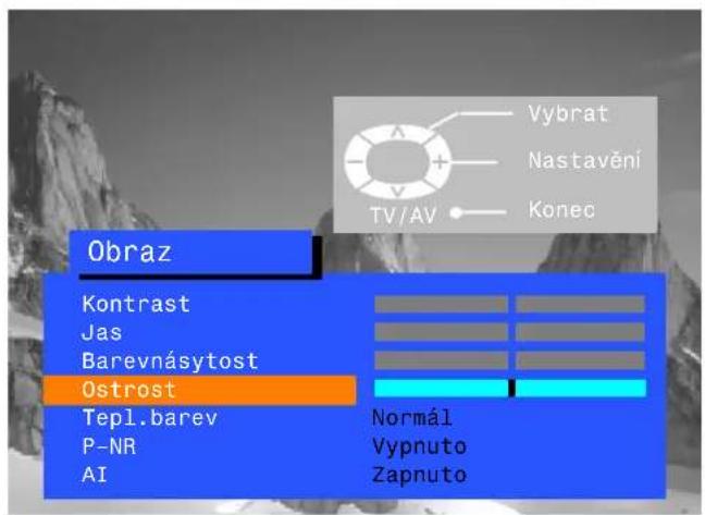 Obraz Kontrast Jas Barevnásytost Ostrost Tepl.barev P-NR AI Vybrat Nastavění TV/AV Konec Normál Vypnuto Zapnuto