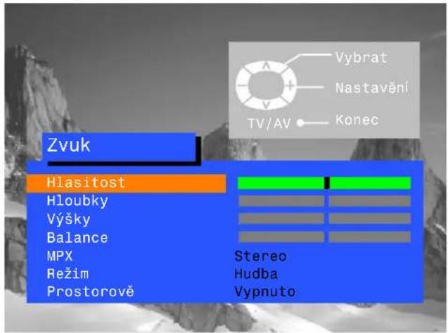 Zvuk Hlasitost Hloubky Výšky Balance MPX Režim Prostorové Stereo Hudba Vypnuto Vybrat Nastavění TV/AV Konec