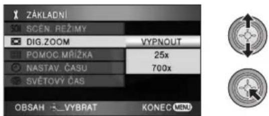 ZÁKLADNÍ SOM SCÉN. REŽIMY DIG.ZOOM VYPNOUT POMOC.MŘÍŽKA 25x NASTAV. ČASU 700x SVĚTOVÝ ČAS OBSAH -VYBRAT KONEC MENU