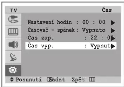 Nastavení hodin : 00 : 00 Časovač - spánek : Vypnuto Čas zap. : 22 : 0 Čas vyp. : Vypnut Posunutí Zadat Zpět
