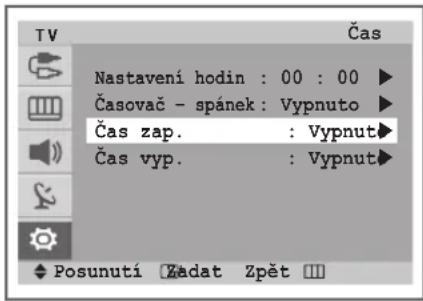 TV Čas Nastavení hodin : 00 : 00 ▶ Časovač - spánek : Vypnuto ▶ Čas zap. : Vypnut▶ Čas vyp. : Vypnut▶ Posunutí Zádat Zpět III