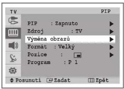 PIP : Zapnuto Zdroj : TV Výměna obrazů Formát : Velký Pozice : Program : P 1 Posunutí Zadat Zpět