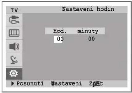TV Nastavení hodin Hod. minuty 00 00 ► Posunutí Mastavení Zpět