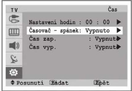 Nastavení hodin : 00 : 00 Časovač - spánek: Vypnuto Čas zap. : Vypnut Čas vyp. : Vypnut Posunutí Zádat Kpět