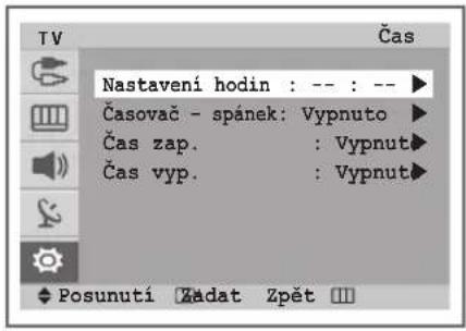 Nastavení hodin : --- : --- Časovač - spánek: Vypnuto Čas zap. : Vypnut Čas vyp. : Vypnut Posunutí Zádat Zpět