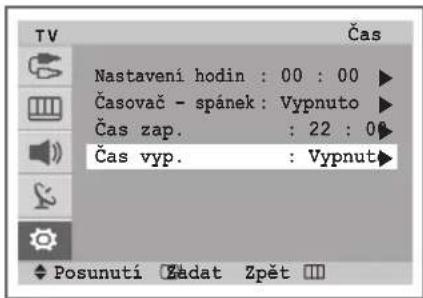 Nastavení hodin : 00 : 00 Časovač - spánek : Vypnuto Čas zap. : 22 : 0 Čas vyp. : Vypnut Posunutí Zadat Zpět