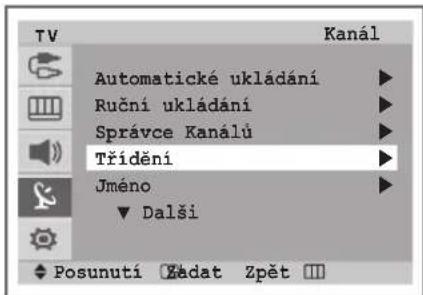TV Automaticke ukládání Ruční ukládání Správce Kanálů Třídění Jméno ▼ Další Posunutí Zádat Zpět