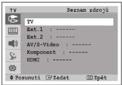 TV Seznam zdrojů TV Ext.1 : ---- Ext.2 : ---- AV/S-Video : ---- Komponent : ---- HDMI : ---- Posunutí Zadat Zpět