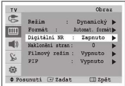 TV Režim : Dynamický ▶ Formát : Automat. formát ▶ Digitální NR : Zapnuto ▶ Naklonění stran: 0 ▶ Filmový režim : Vypnuto ▶ PIP : Vypnuto ▶ Posunutí Zadat Zpět