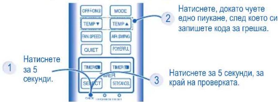 OFF/ON/O MODE TEMP ▼ TEMP ▲ FAN SPEED AR SMNG QUIET POWEFFUL TIMER TIMER TIMER SELECT SETCANCEL 1 Натиснете за 5 секунди. 2 Натиснете, докато чуете едно пиукане, след което си запишете кода за грешка. 3 Натиснете за 5 секунди, за край на проверката.