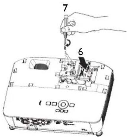 Diagram of a device with labeled parts showing a hand inserting a plug into a device casing, marked with numbers 6 and 7.