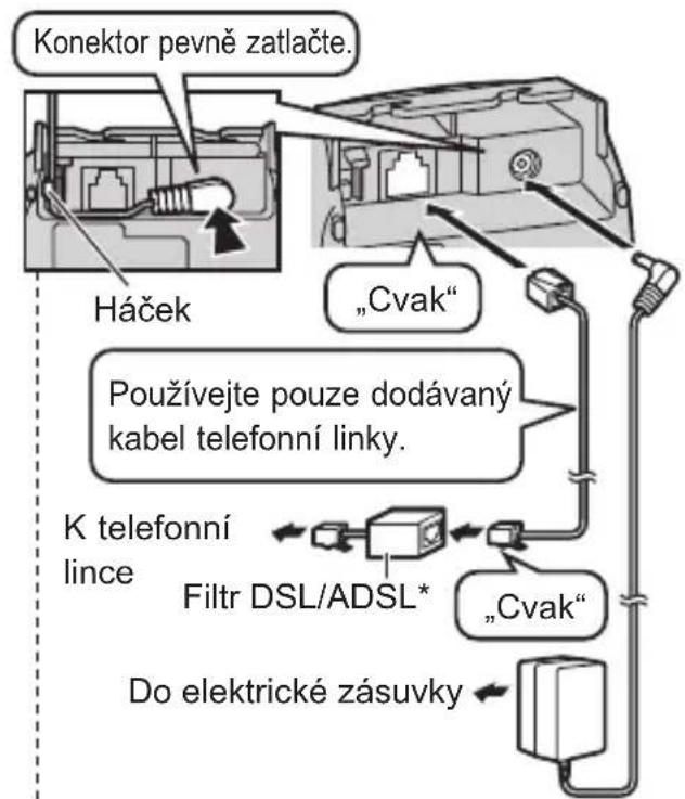 Konektor pevně zatlačte. Háček „Cvak“ Používejte pouze dodávaný kabel telefonní linky. K telefonní lince Filtr DSL/ADSL* „Cvak“ Do elektrické zásuvky