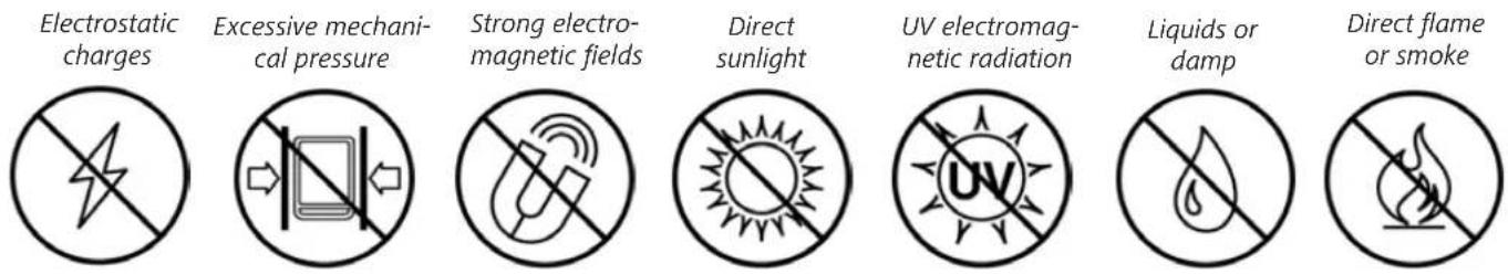 Electrostatic charges Excessive mechani- cal pressure Strong electro- magnetic fields Direct sunlight UV electromag- netic radiation Liquids or damp Direct flame or smoke