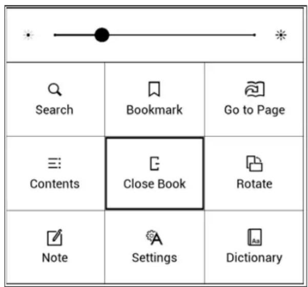 Search Bookmark Go to Page Contents Close Book Rotate Note Settings Dictionary