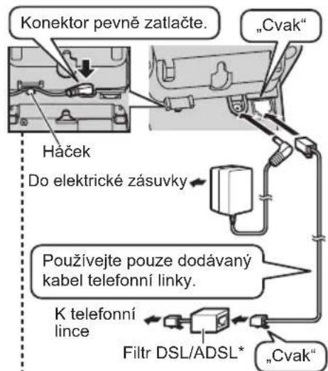 Konektor pevně zatlačte. „Cvak“ Háček Do elektrické zásuvky Používejte pouze dodávaný kabel telefonní linky. K telefonní lince Filtr DSL/ADSL* „Cvak“
