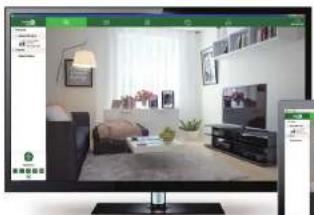 Screenshot of a digital home screen displaying a photo gallery with visible text overlays and interior scene