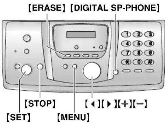 [ERASE] [DIGITAL SP-PHONE] [STOP] [SET] [MENU] [◀][▶][+][-]
