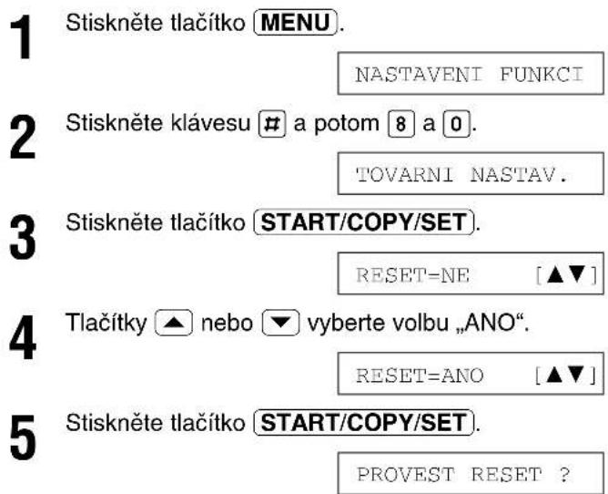 1 Stiskněte tlačítko MENU. NASTAVENI FUNKCI 2 Stiskněte klávesu # a potom 8 a 0. TOVARNI NASTAV. 3 Stiskněte tlačítko START/COPY/SET. RESET=NE [▲▼] 4 Tlačítky ▲ nebo ▼ vyberte volbu „ANO“. RESET=ANO [▲▼] 5 Stiskněte tlačítko START/COPY/SET. PROVEST RESET ?