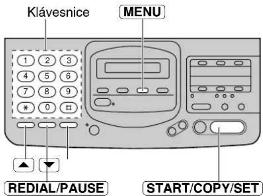 Klávesnice MENU 1 2 3 4 5 6 7 8 9 * 0 □ ▲ ↓ REDIAL/PAUSE START/COPY/SET