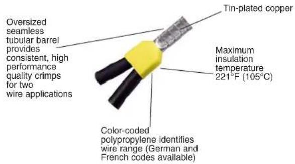 Oversized seamless tubular barrel provides consistent, high performance quality crimps for two wire applications Tin-plated copper Maximum insulation temperature 221°F (105°C) Color-coded polypropylene identifies wire range (German and French codes available)