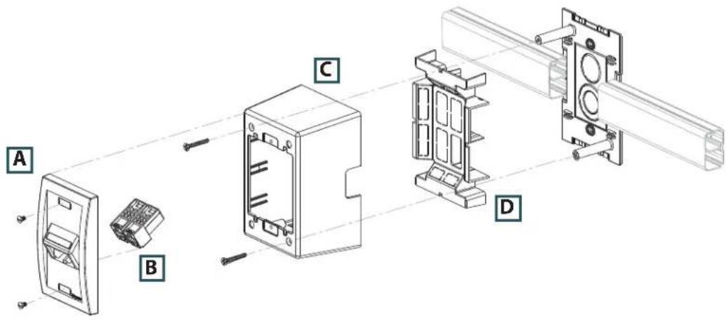 Technical diagram showing exploded view of a device's internal components with labeled parts A, B, C, and D